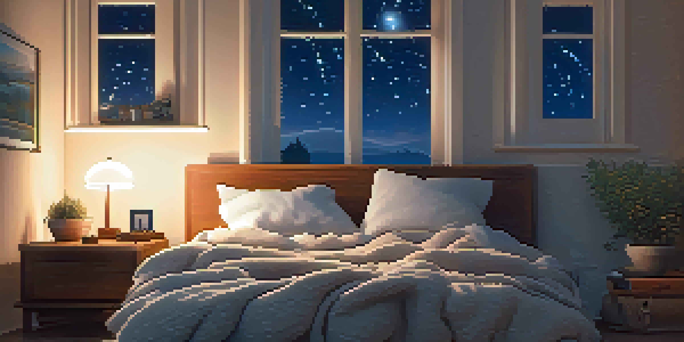 A cozy bedroom with a made bed, ambient lighting, a cup of tea, and a starry night visible through the window.