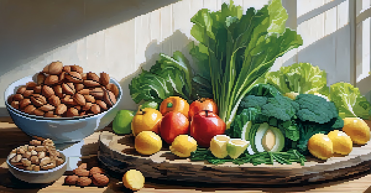 A colorful arrangement of healthy foods like leafy greens, nuts, and fish on a wooden table.