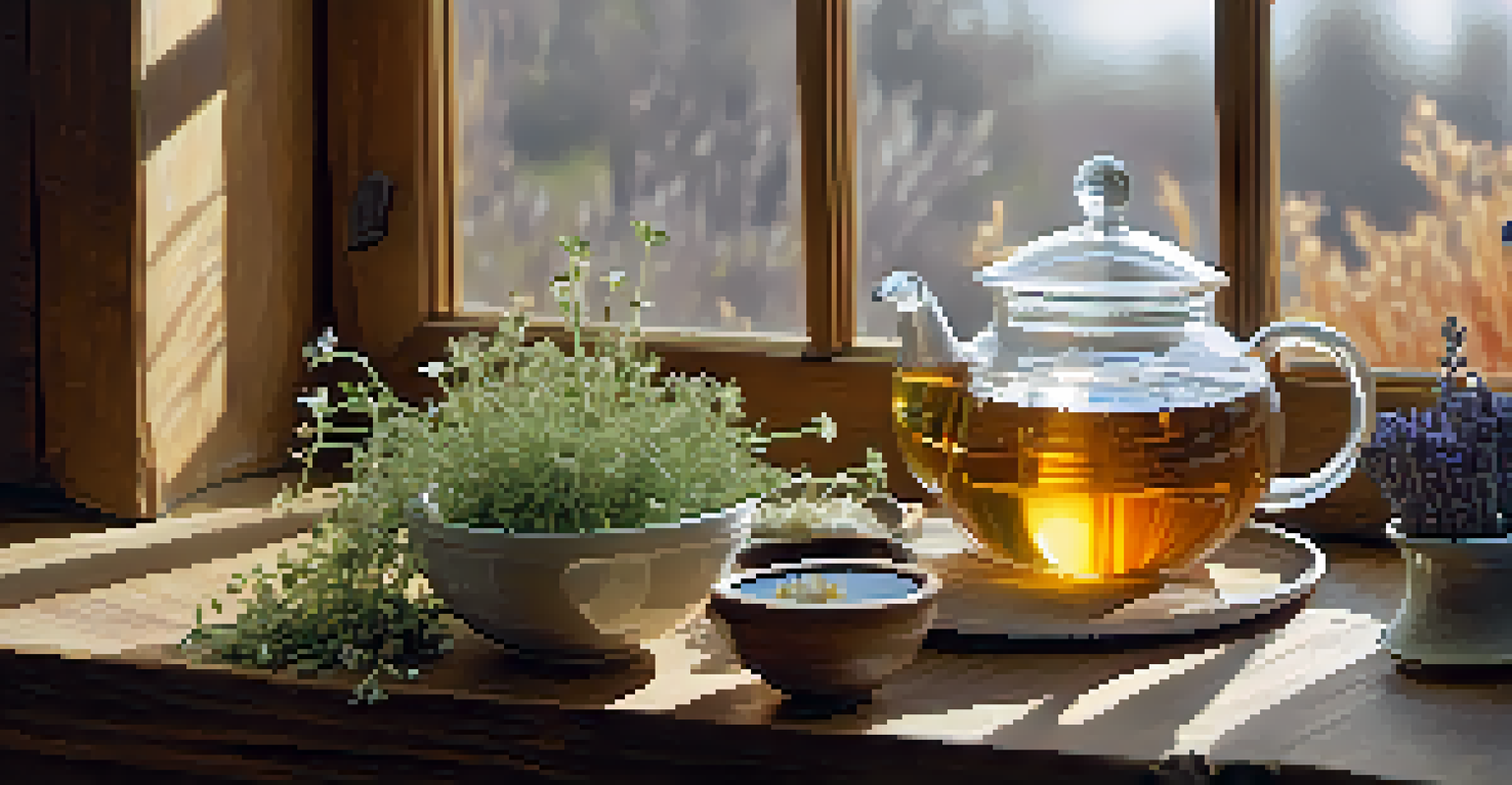 A close-up of a wooden table with a teapot, cup, and bowls of calming herbs like chamomile and lavender.