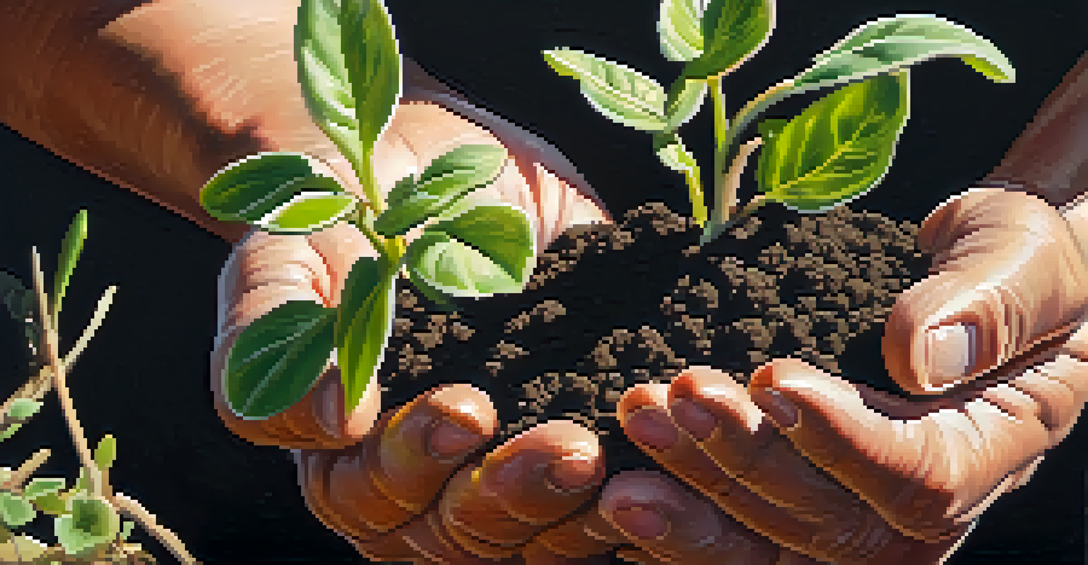 A close-up of a farmer's hands holding rich soil with small plants sprouting, surrounded by blooming flowers, under soft sunlight.