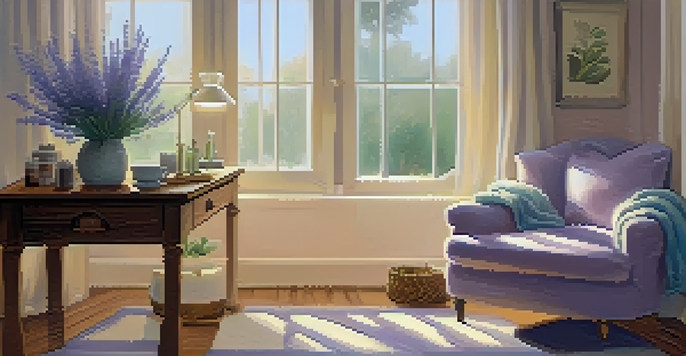 A cozy corner of a room with a diffuser, essential oil bottles, a potted plant, and a steaming cup of herbal tea, illuminated by soft sunlight.