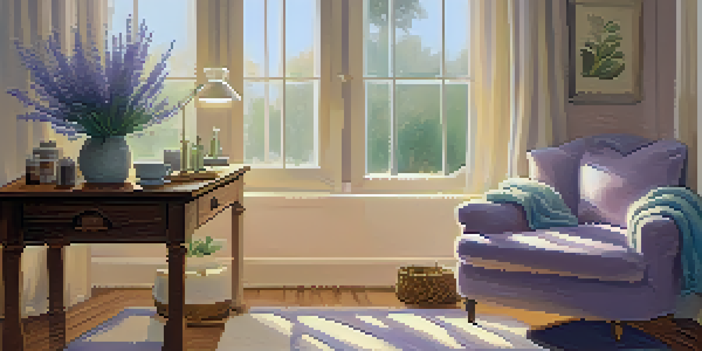 A cozy corner of a room with a diffuser, essential oil bottles, a potted plant, and a steaming cup of herbal tea, illuminated by soft sunlight.