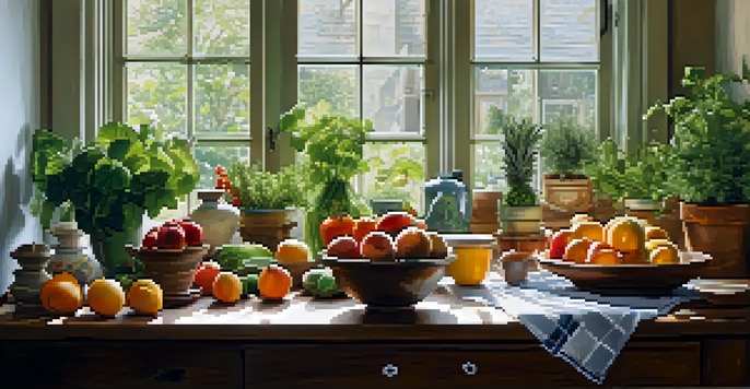 A cozy kitchen with a wooden table filled with fresh fruits and vegetables, complemented by herbal plants in pots and gentle morning light.