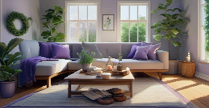 A cozy living room with a diffuser emitting lavender mist, cushions, blankets, a journal, and plants, creating a calming atmosphere.