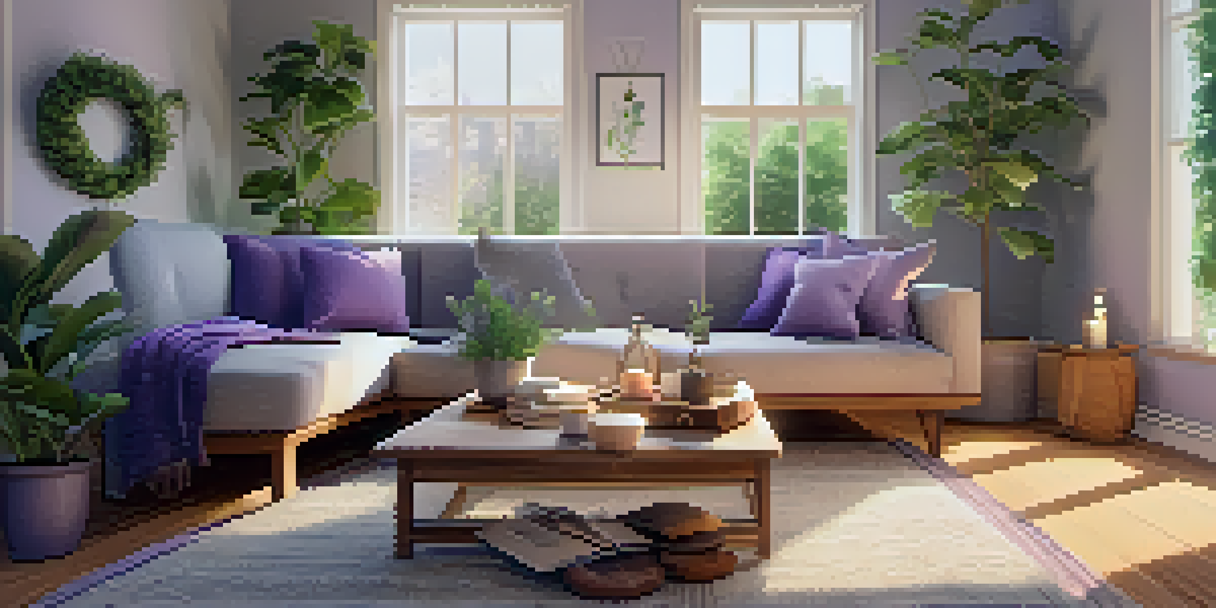 A cozy living room with a diffuser emitting lavender mist, cushions, blankets, a journal, and plants, creating a calming atmosphere.