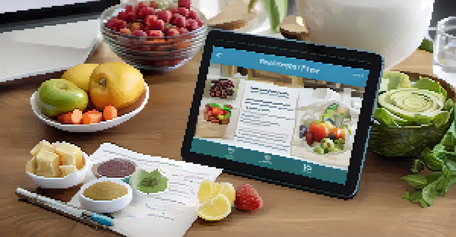A digital tablet displaying a personalized treatment plan, surrounded by healthy foods and exercise equipment in a warm kitchen.