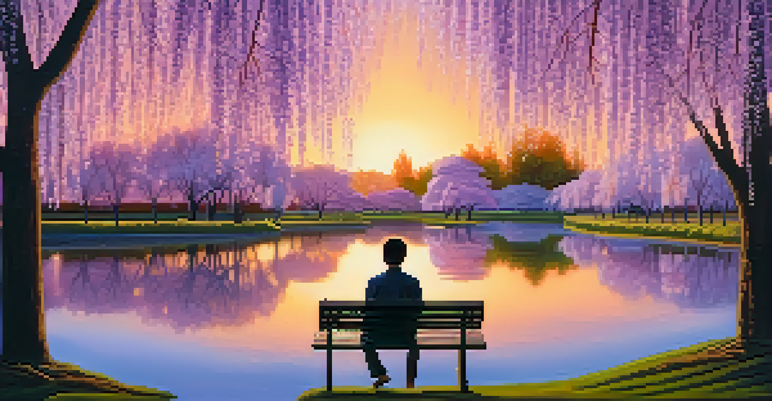 A calming park with a pond at sunset, featuring a person meditating on a bench surrounded by beautiful trees and blossoms.