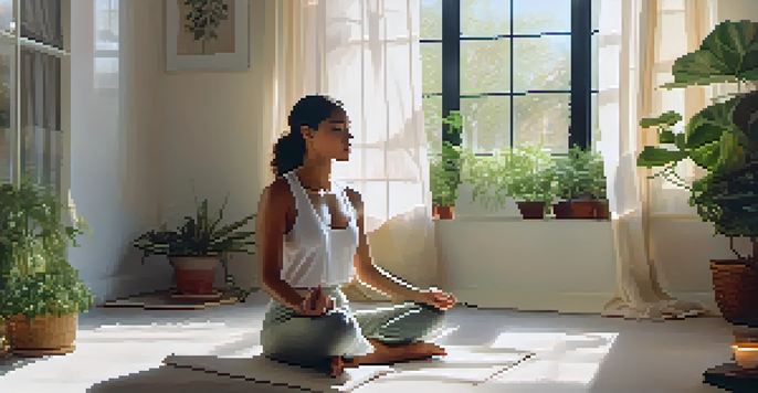 A person meditating in a sunlit room filled with plants, creating a peaceful atmosphere.