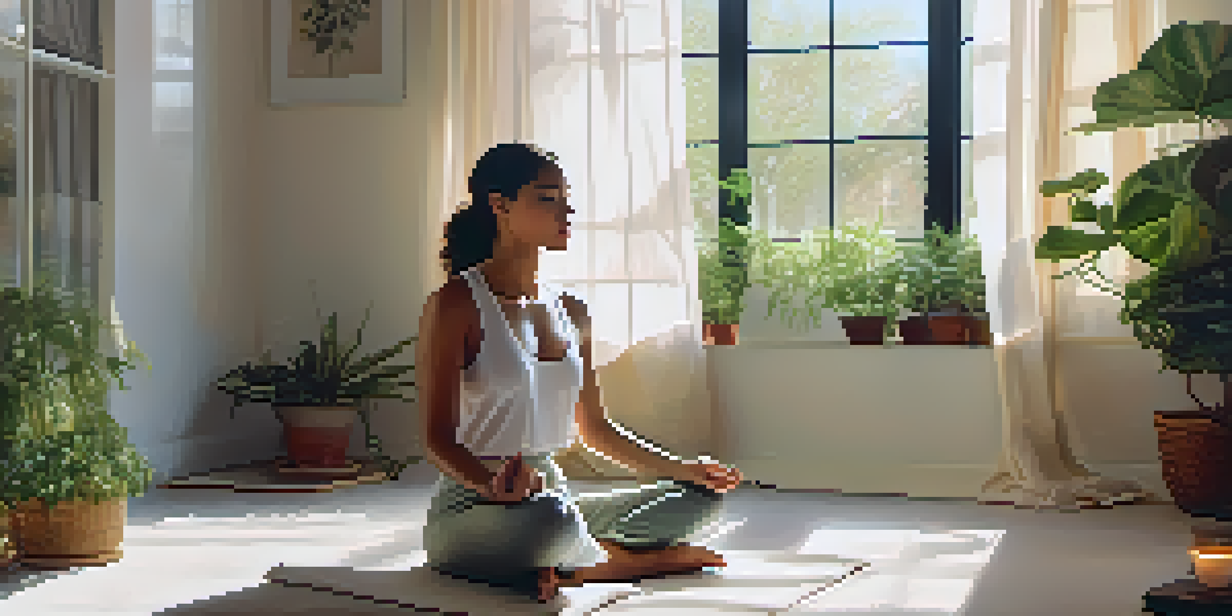 A person meditating in a sunlit room filled with plants, creating a peaceful atmosphere.