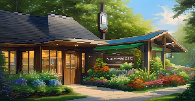 A peaceful naturopathy clinic surrounded by greenery and flowers, with sunlight filtering through the trees.