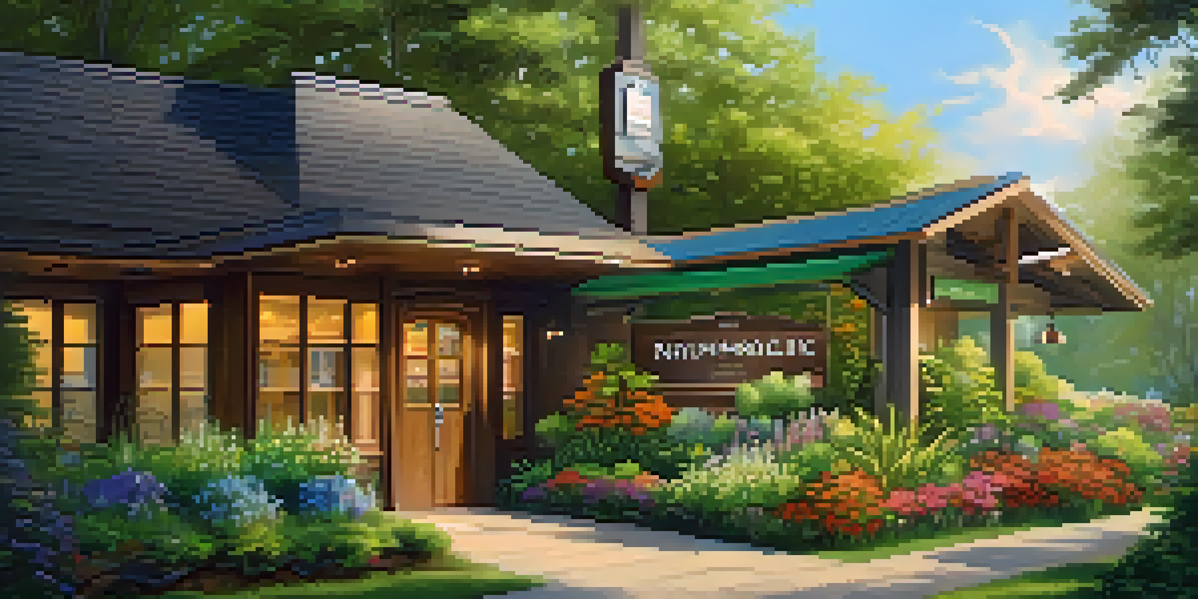 A peaceful naturopathy clinic surrounded by greenery and flowers, with sunlight filtering through the trees.