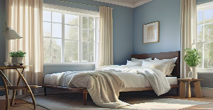 A cozy bedroom with soft lighting, a made bed, a bedside table with chamomile tea, and sheer curtains.