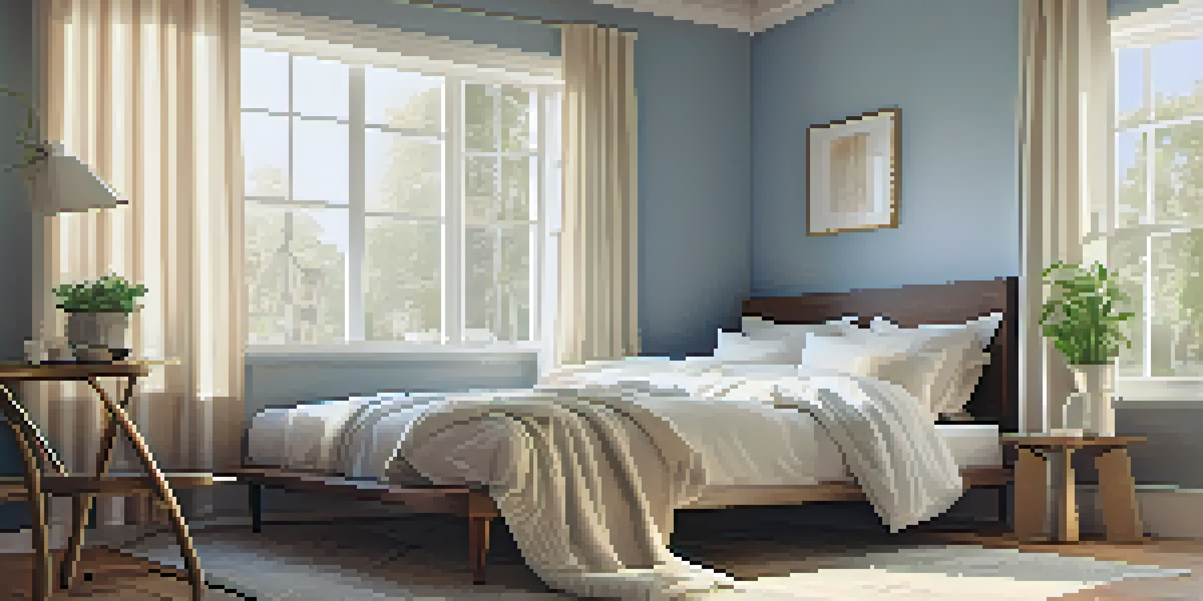 A cozy bedroom with soft lighting, a made bed, a bedside table with chamomile tea, and sheer curtains.