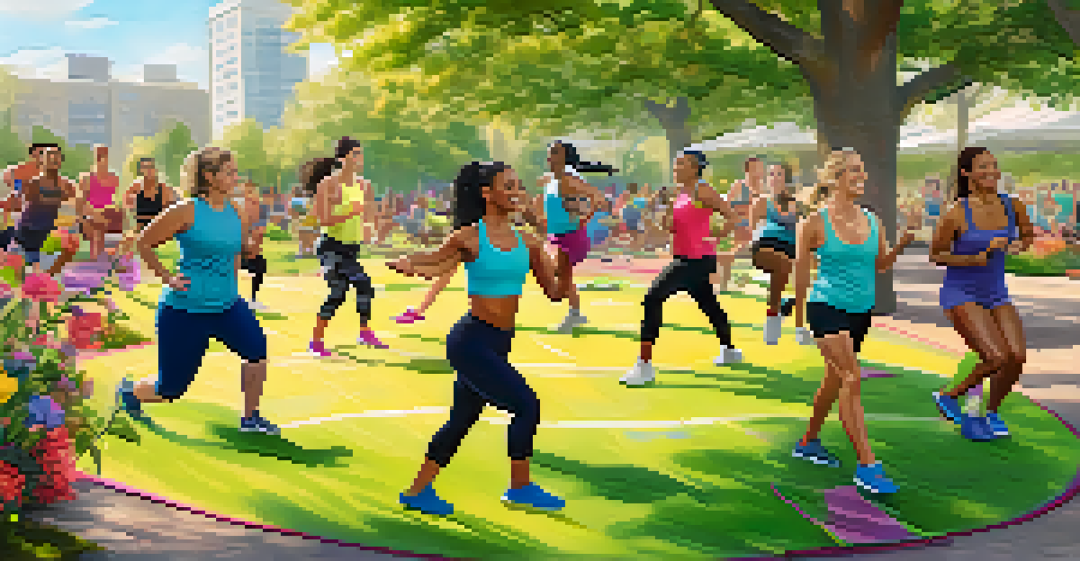 A diverse group of people participating in an energetic outdoor fitness class in a vibrant park, showcasing camaraderie and community spirit.