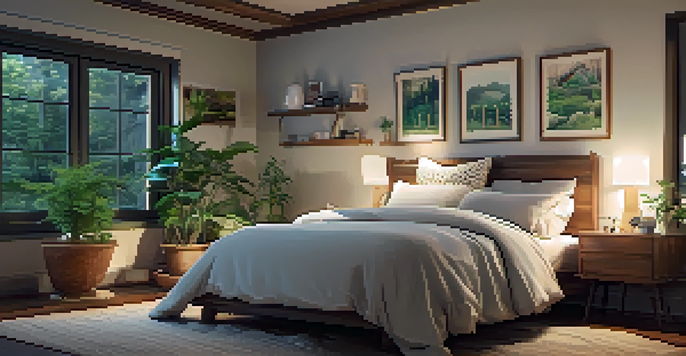 A calming bedroom environment designed for quality sleep, with soft lighting and peaceful decor.