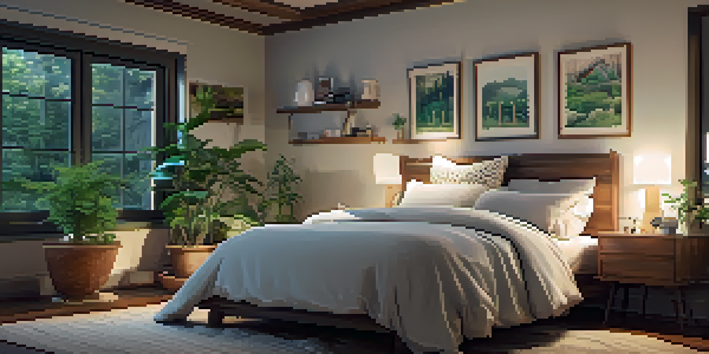 A calming bedroom environment designed for quality sleep, with soft lighting and peaceful decor.