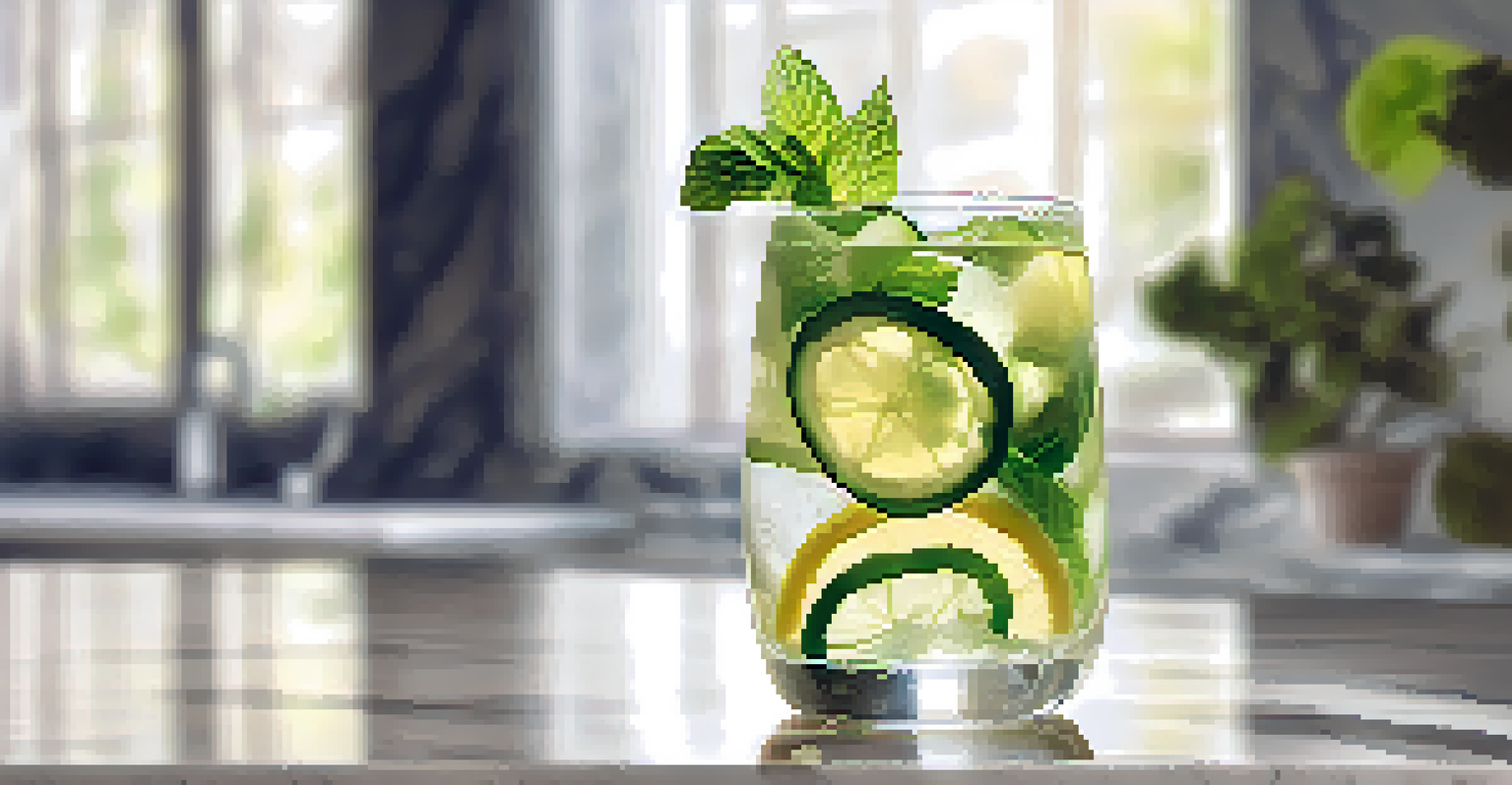 A glass of infused water with lemon and cucumber slices, garnished with mint leaves, placed on a marble countertop in soft sunlight.