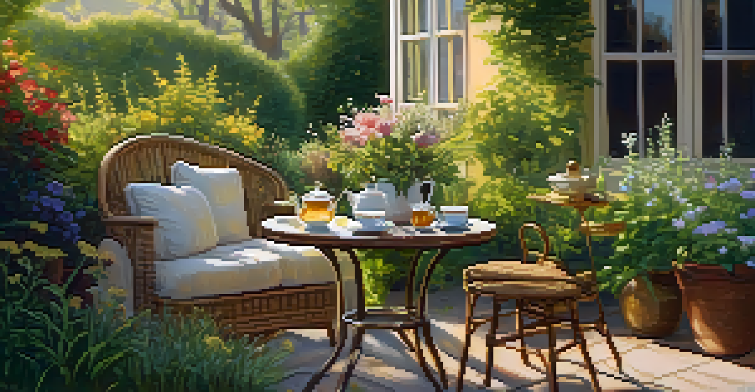 An outdoor seating area with a table set for herbal tea, surrounded by greenery and flowers, illuminated by warm afternoon sunlight.