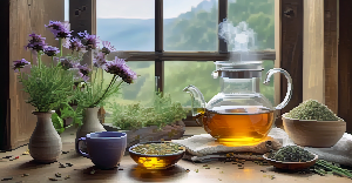 A wooden table with dried herbs and a steaming cup of herbal tea, alongside a diffuser emitting lavender mist in a softly lit room.