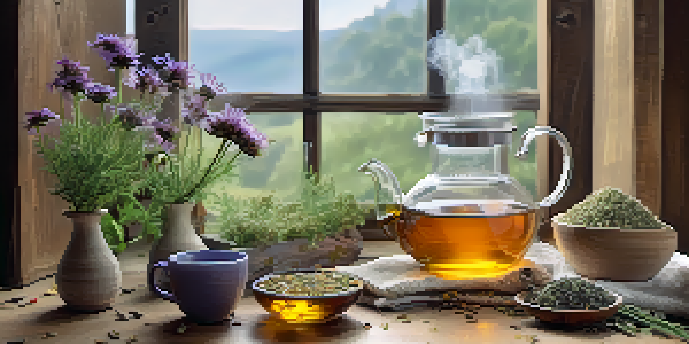 A wooden table with dried herbs and a steaming cup of herbal tea, alongside a diffuser emitting lavender mist in a softly lit room.