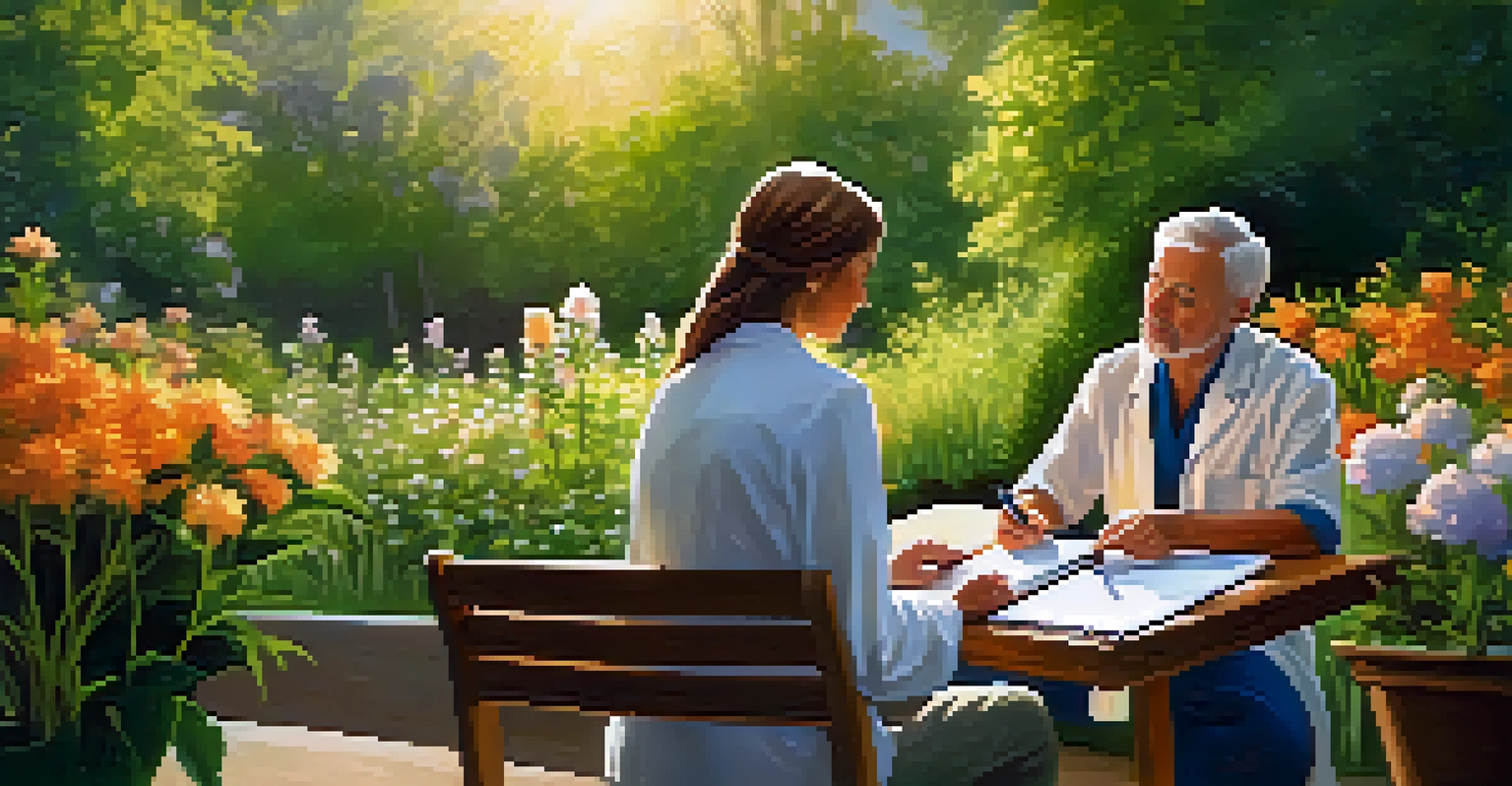 A naturopathic practitioner consulting with a patient in a vibrant garden filled with flowers.