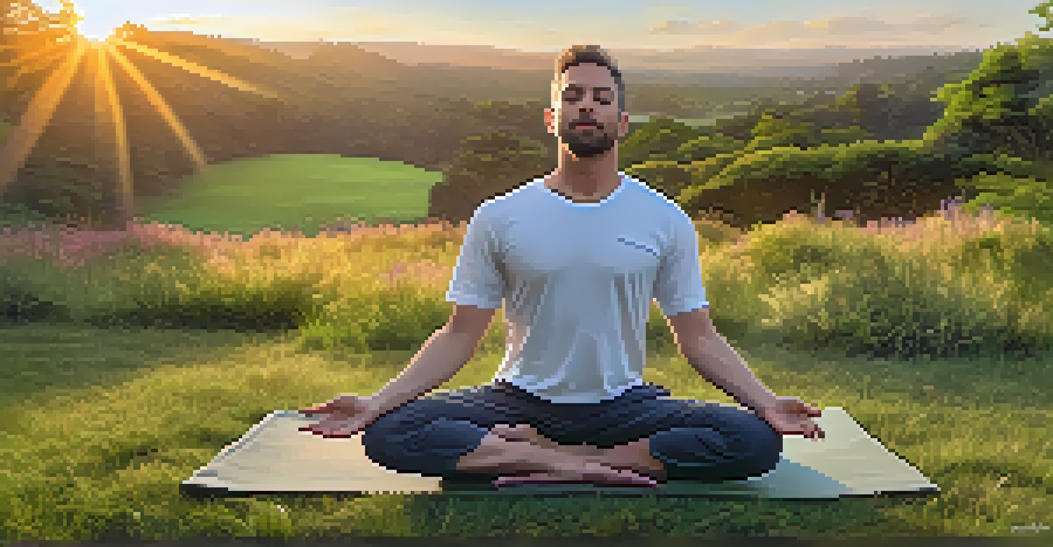 A man practicing yoga in a grassy field at sunrise, surrounded by greenery and wildflowers.