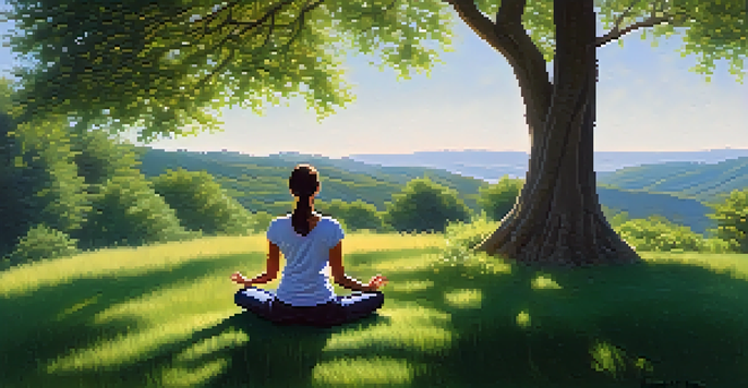 A person meditating in a peaceful natural environment, surrounded by greenery and soft sunlight.