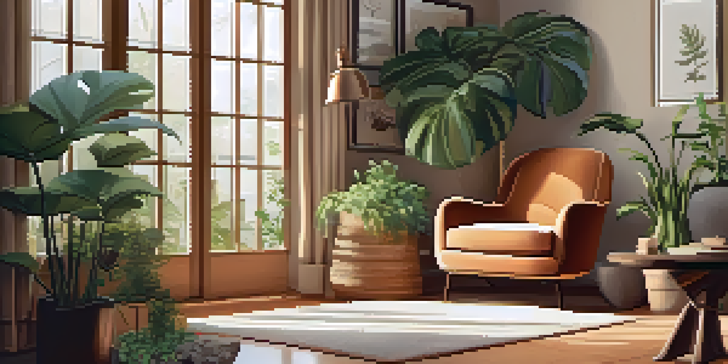 A cozy indoor corner with an armchair, plants, and a journal, creating a peaceful space for reflection.