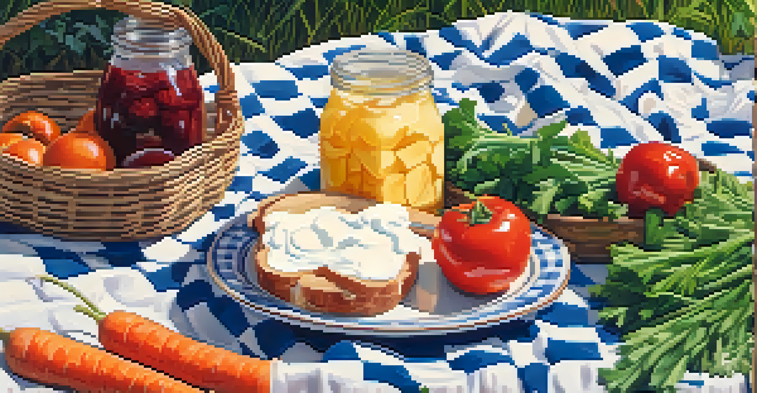 A cheerful outdoor picnic featuring fermented foods on a checkered blanket under the sun.