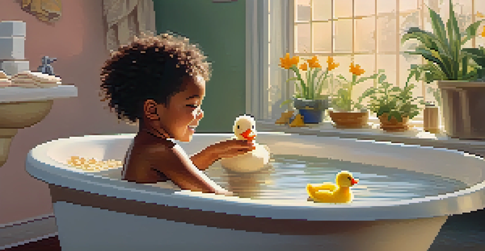 A child with eczema happily playing in a bathtub filled with oatmeal, while a parent applies moisturizer.