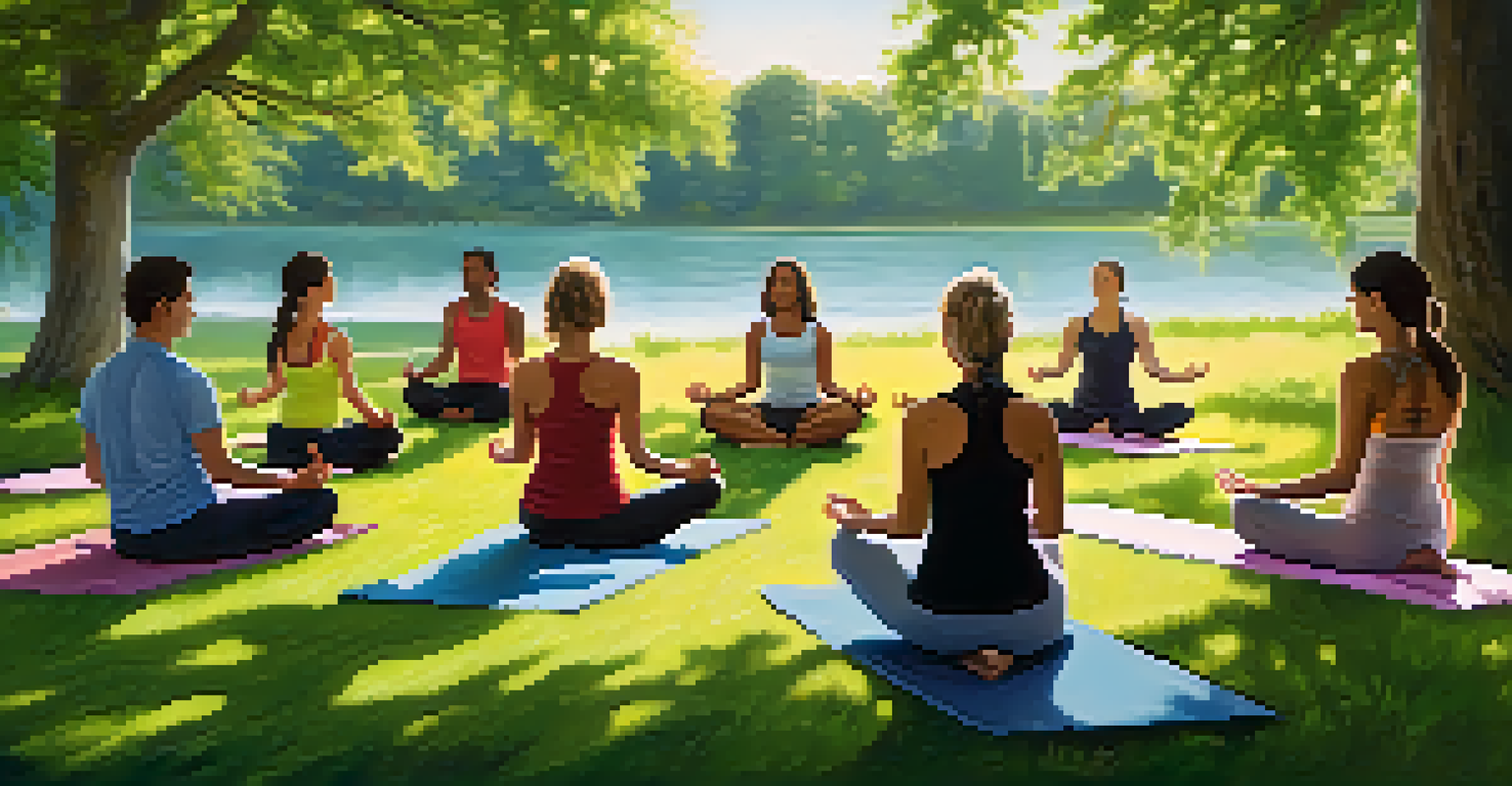 A diverse group of individuals practicing yoga outdoors in a sunlit park.