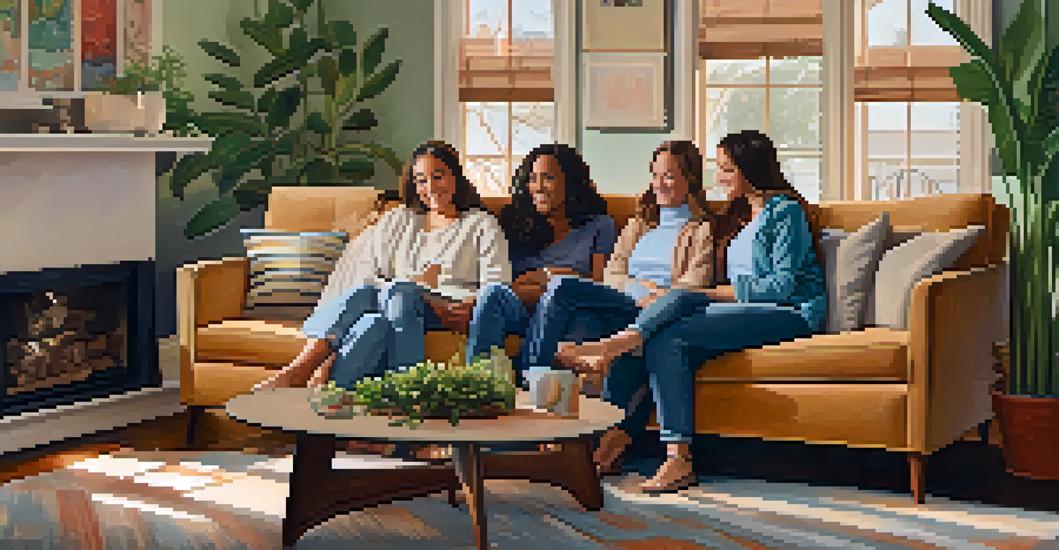 A group of friends sitting together in a cozy living room, engaged in conversation, surrounded by plants and personal decor.