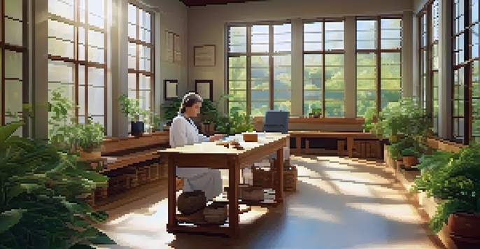 A calm naturopathic clinic with wooden furniture, sunlight streaming in, and plants. A practitioner discusses health with a patient.
