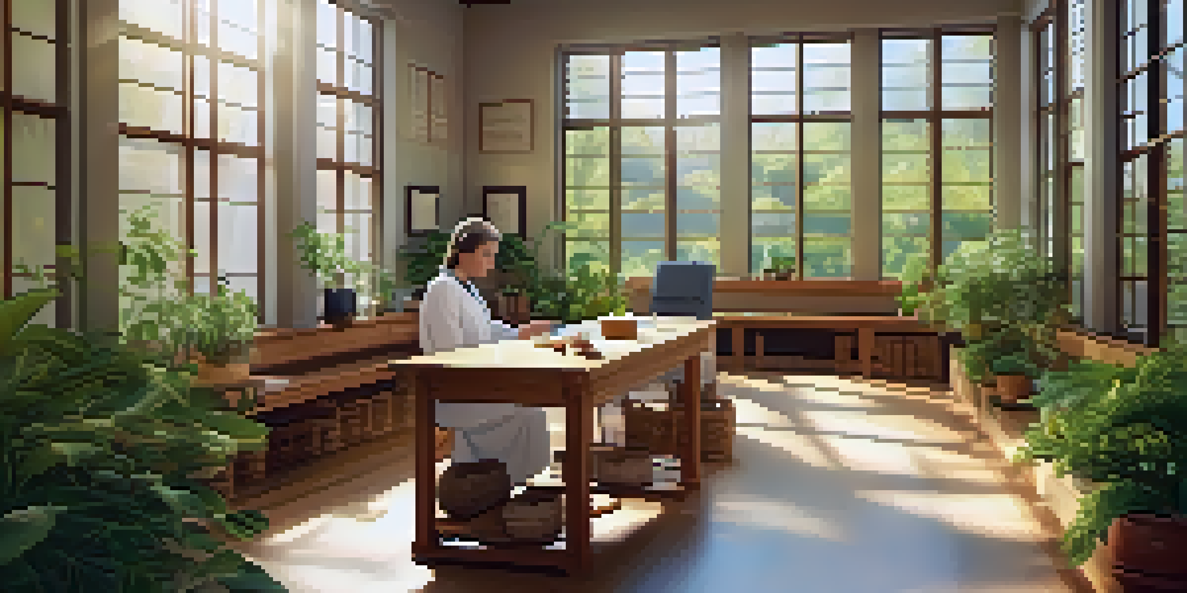 A calm naturopathic clinic with wooden furniture, sunlight streaming in, and plants. A practitioner discusses health with a patient.