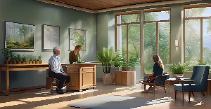 A tranquil interior of a naturopathic clinic with wooden furniture, plants, and natural light, showcasing a consultation between a practitioner and a patient.