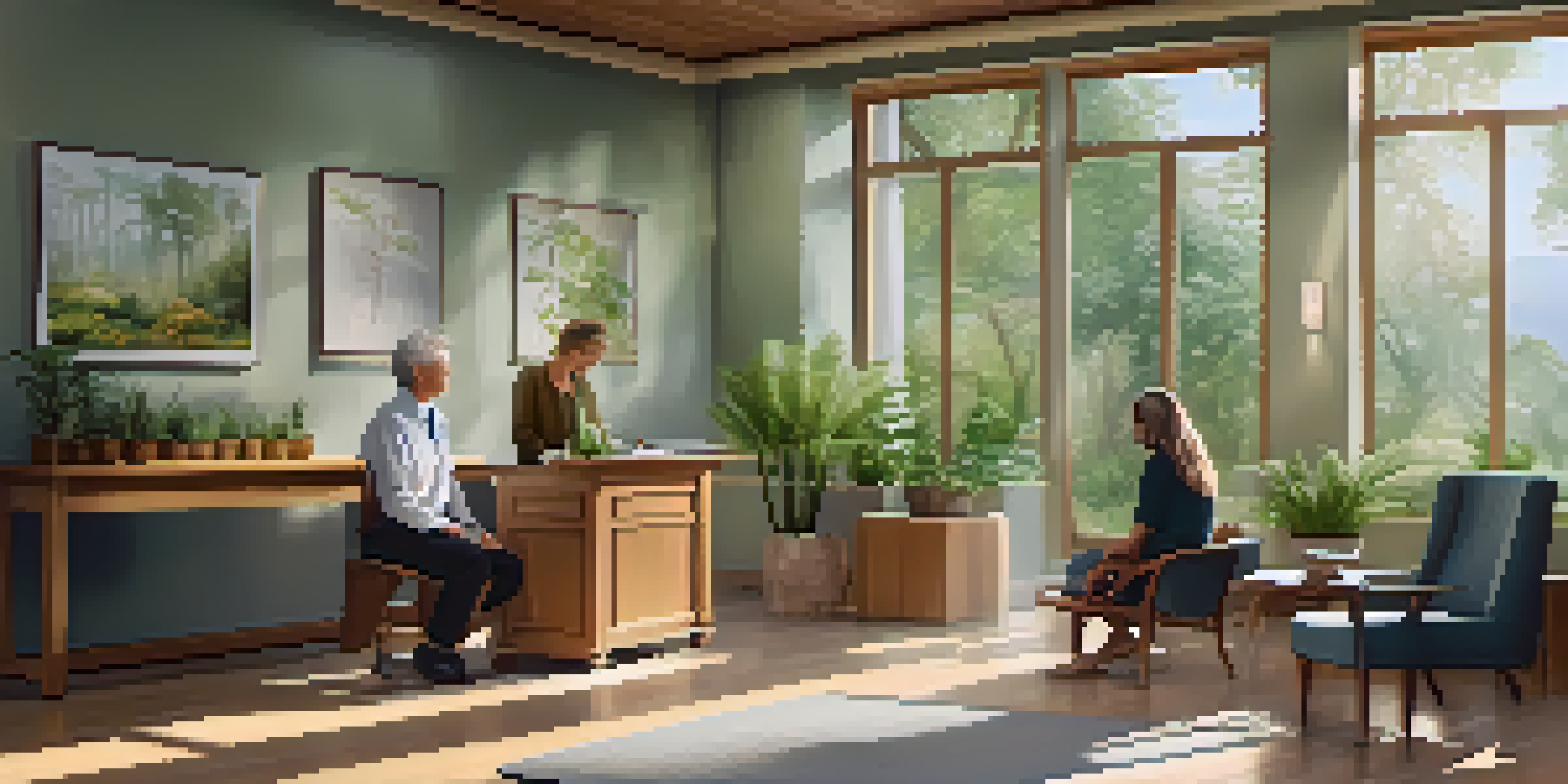 A tranquil interior of a naturopathic clinic with wooden furniture, plants, and natural light, showcasing a consultation between a practitioner and a patient.