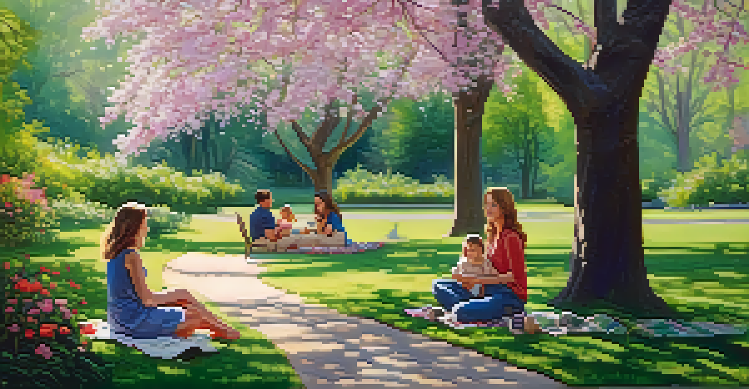 A family having a picnic on a blanket in a vibrant park surrounded by blooming flowers and trees.