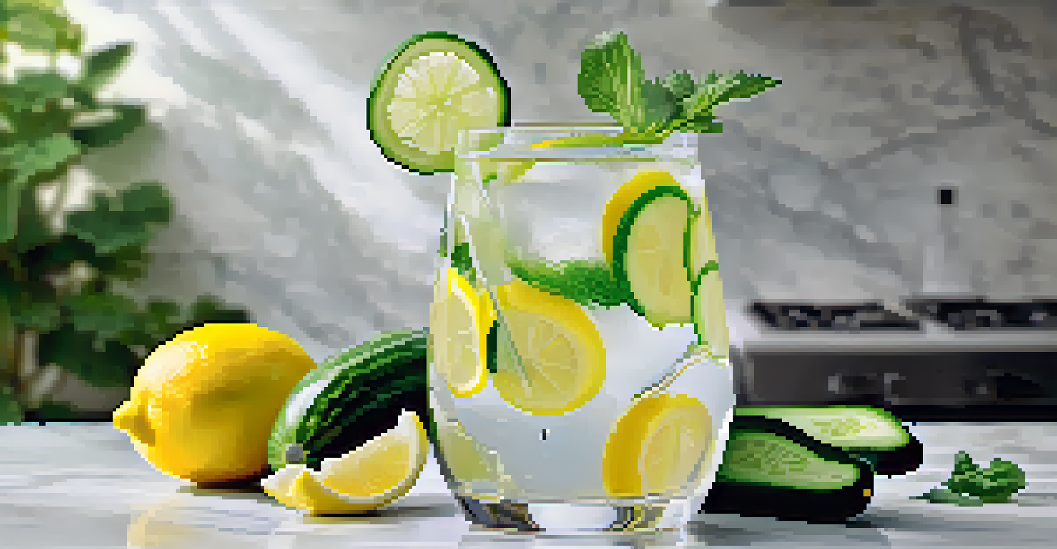 A glass of infused water with cucumber and lemon on a marble countertop, surrounded by green plants, highlighting freshness and hydration.