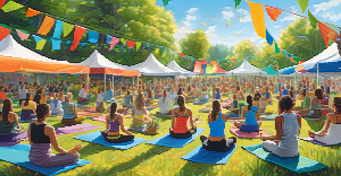 An outdoor community gathering focused on health and wellness, with people engaging in yoga and workshops.