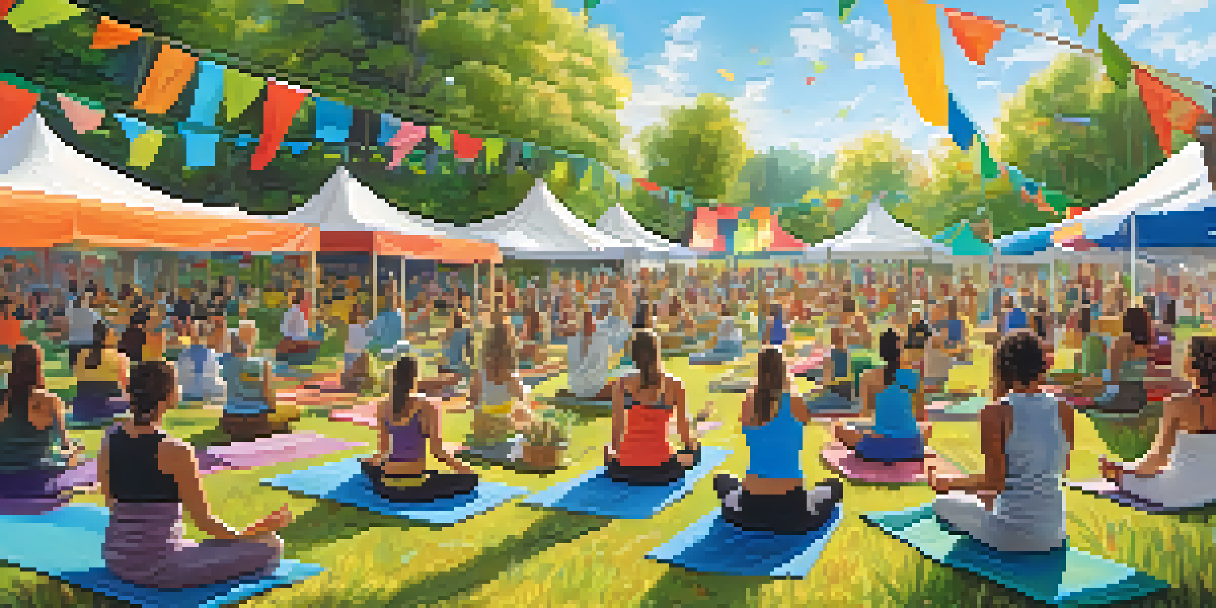 An outdoor community gathering focused on health and wellness, with people engaging in yoga and workshops.