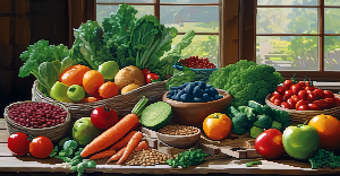 A variety of fresh fruits, vegetables, legumes, and whole grains arranged on a wooden table, showcasing heart-healthy foods in natural light.
