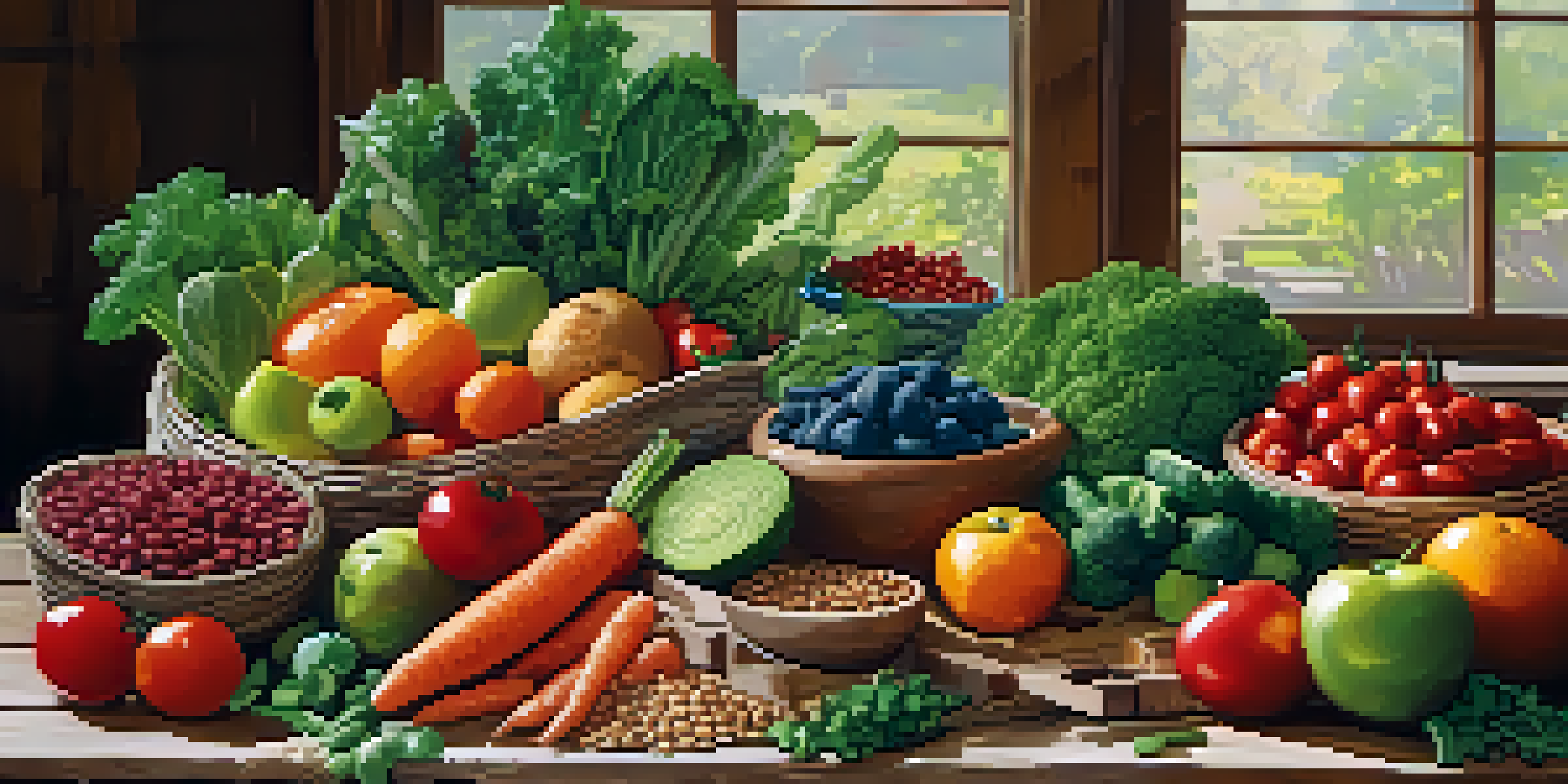 A variety of fresh fruits, vegetables, legumes, and whole grains arranged on a wooden table, showcasing heart-healthy foods in natural light.