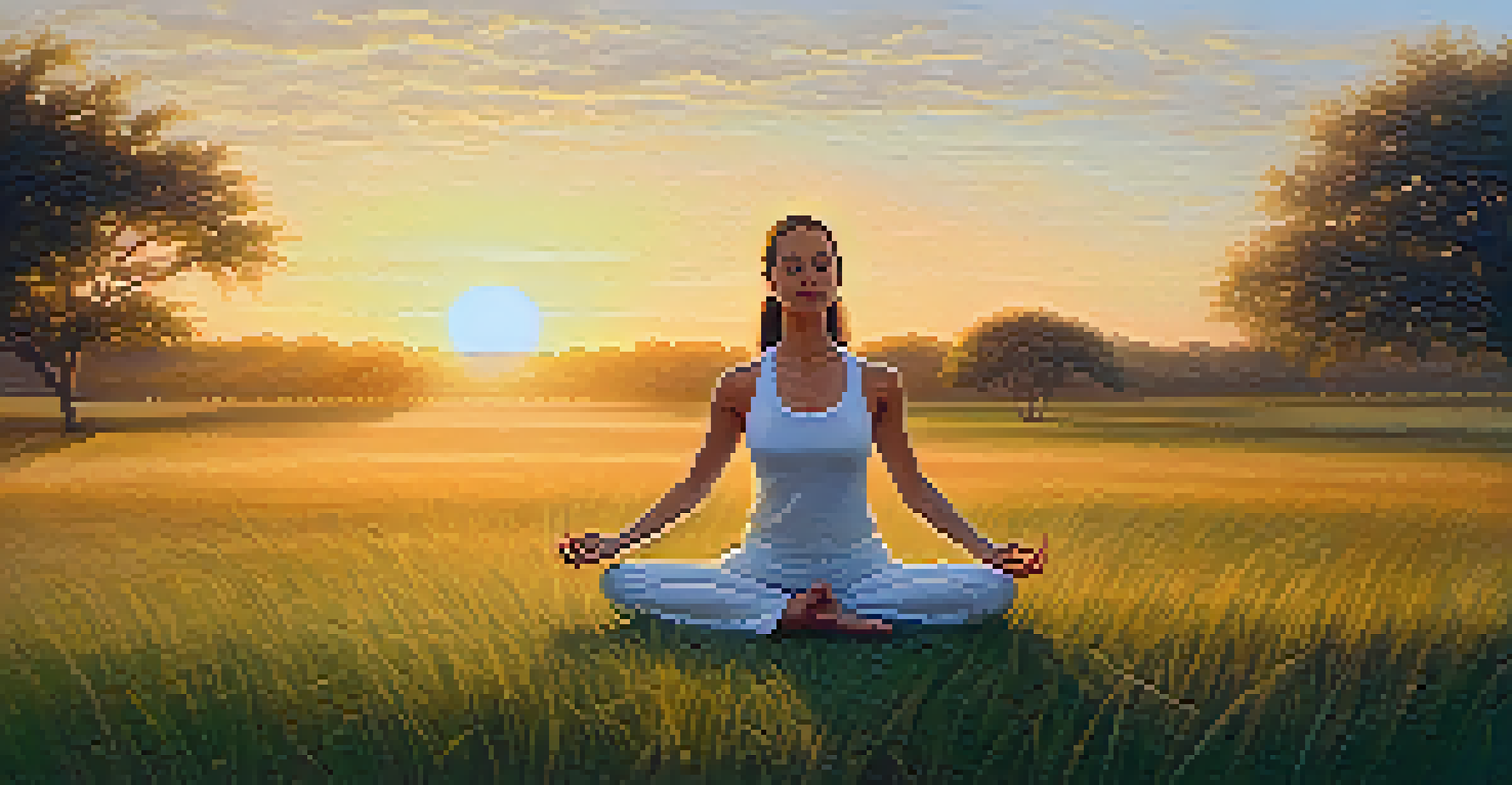 A person practicing yoga outdoors at sunrise, surrounded by a misty grassy field and warm sunlight.