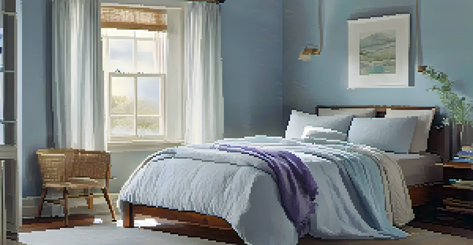 A cozy bedroom with a soft bed, warm lighting, chamomile tea, and lavender on the bedside table, creating a tranquil atmosphere.