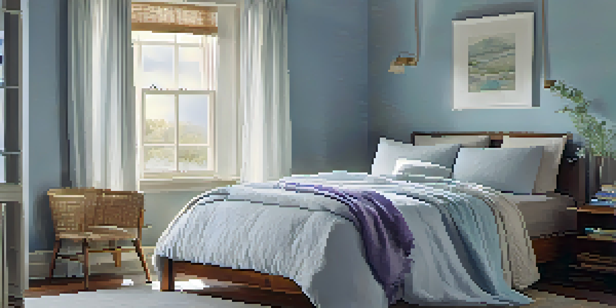 A cozy bedroom with a soft bed, warm lighting, chamomile tea, and lavender on the bedside table, creating a tranquil atmosphere.