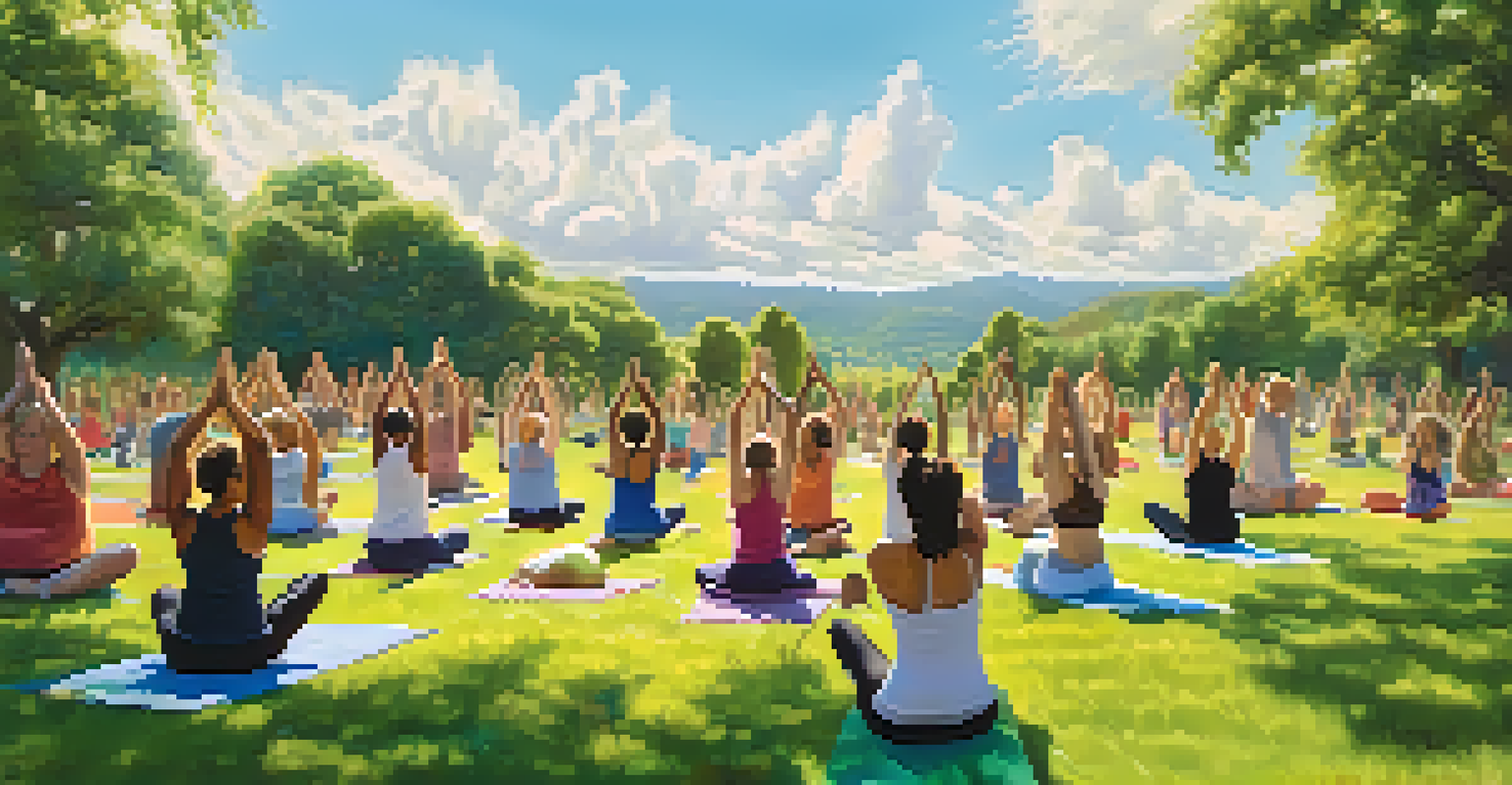A group of people practicing yoga together in a sunny park setting.