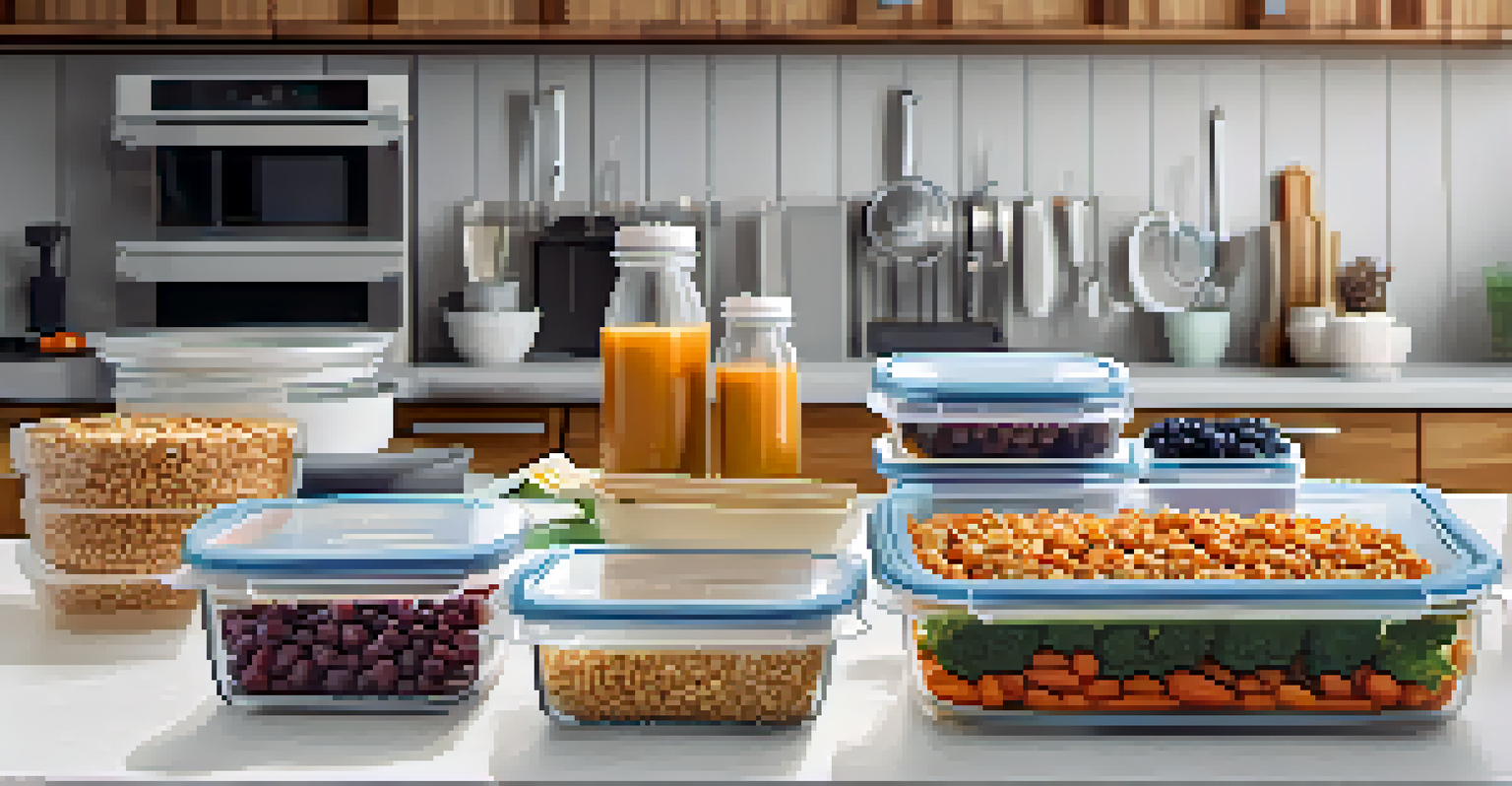 A meal prep scene with clear containers filled with balanced meals of grains, proteins, and vegetables, set on a kitchen counter.