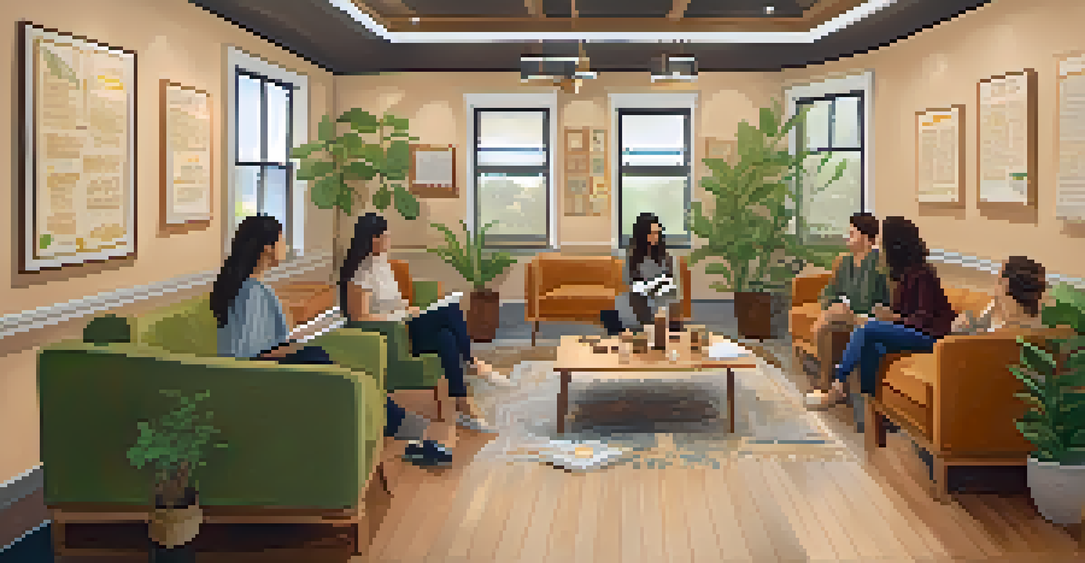 An inviting indoor space with comfortable seating for open dialogue sessions, featuring herbal teas and inspirational quotes.