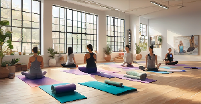 A yoga studio with people practicing yoga poses, featuring natural light and calming decor.