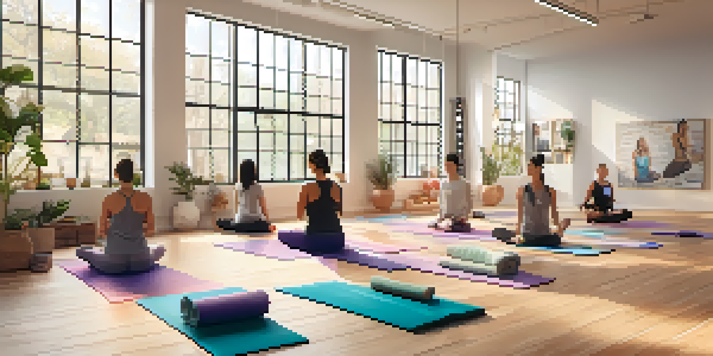A yoga studio with people practicing yoga poses, featuring natural light and calming decor.